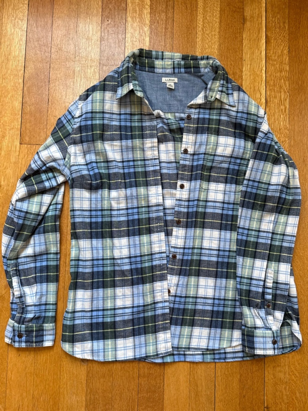L.L. Bean woman’s Blue, Green & White Plaid Button-Down Shirt